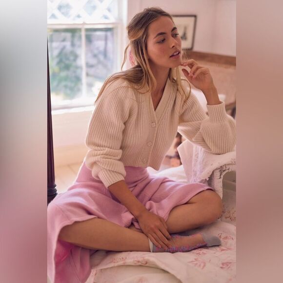 LoveShackFancy Avignon Cropped Cashmere Cardigan in Oatmeal XXL NWT - Picture 1 of 12